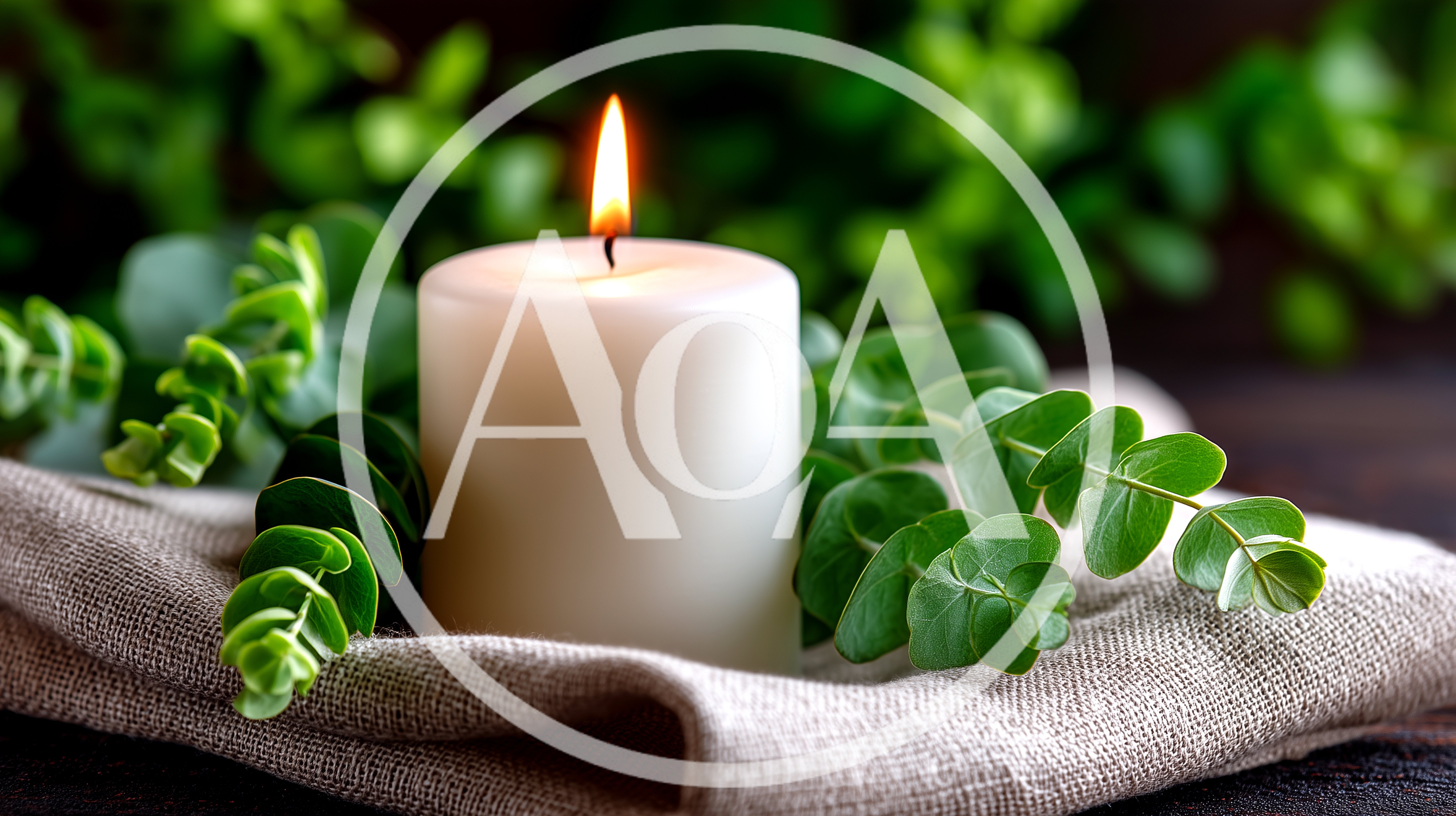 Lit White Pillar Candle With Eucalyptus Sprigs