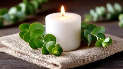White Pillar Candle With Eucalyptus Leaves On Burlap