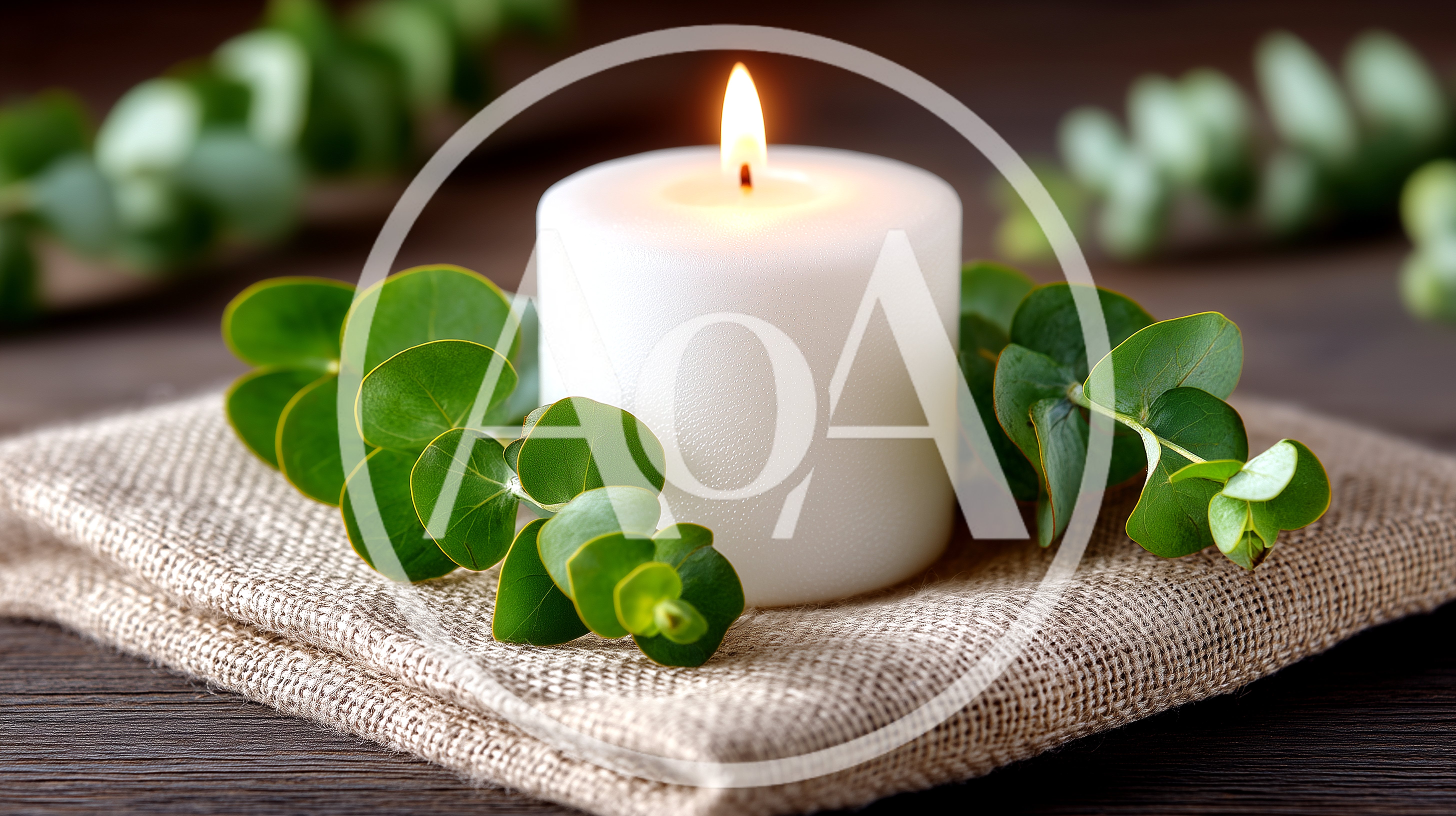 White Pillar Candle With Eucalyptus Leaves On Burlap
