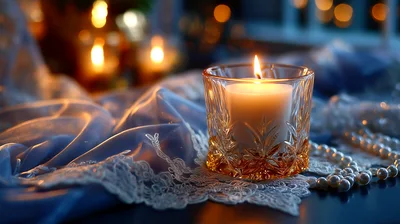 Lit Candle In Crystal Glass On Lace Fabric