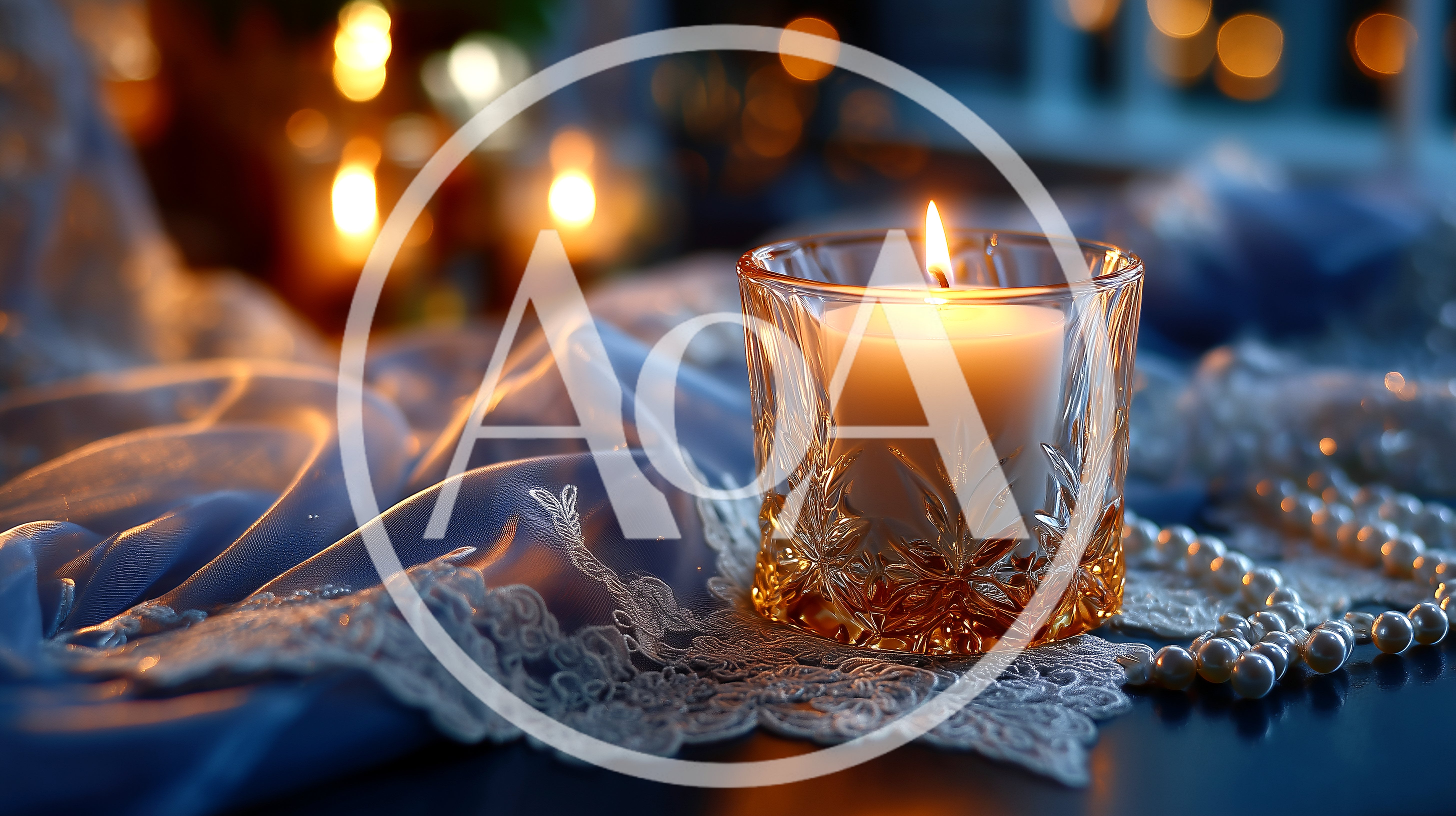 Lit Candle In Crystal Glass On Lace Fabric