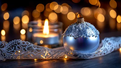 Blue Christmas Ornament With Candle And Lace Ribbon