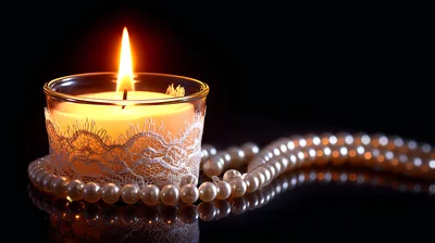 Lit Candle In Lace Holder With Pearl Necklace