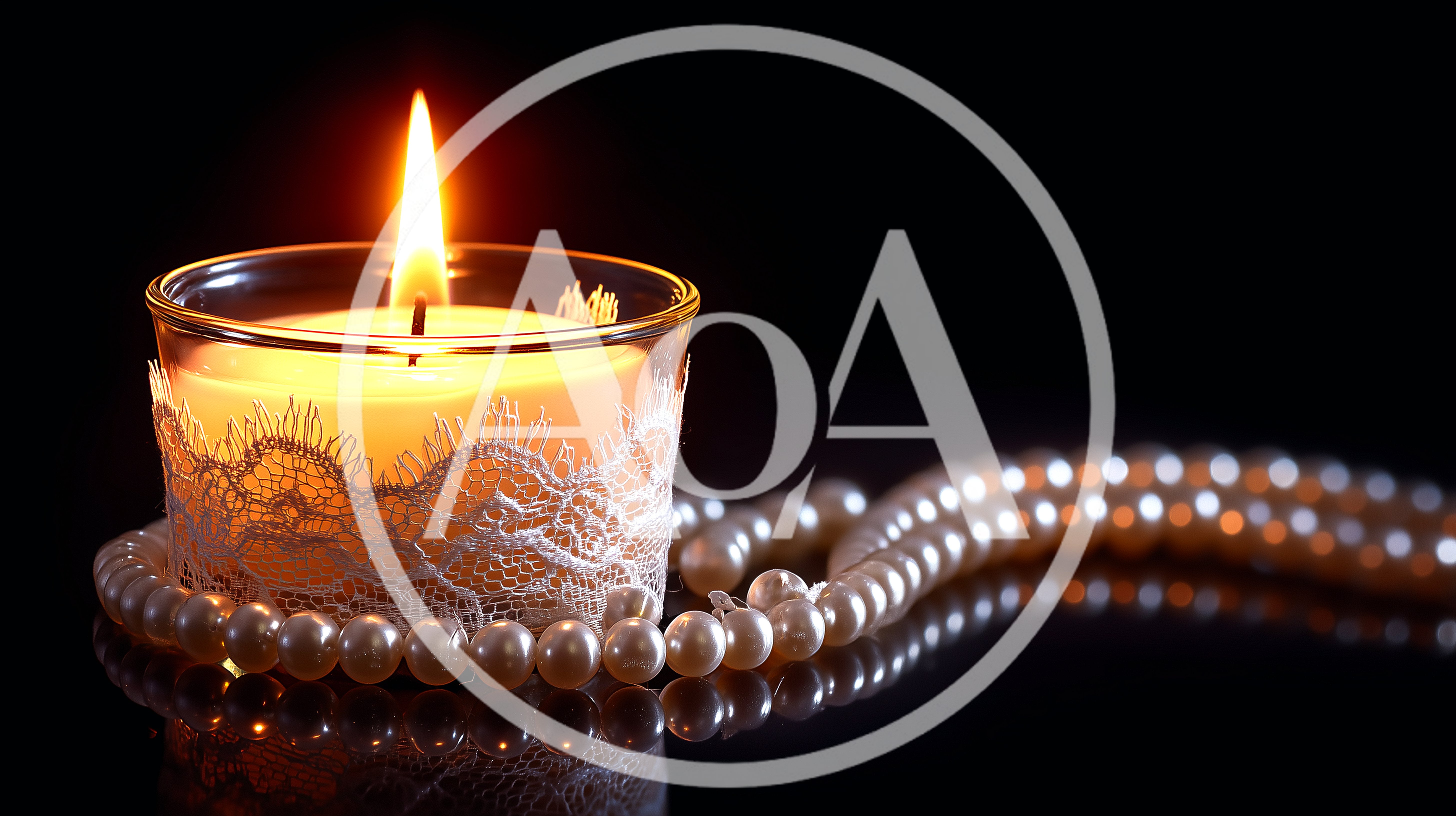 Lit Candle In Lace Holder With Pearl Necklace