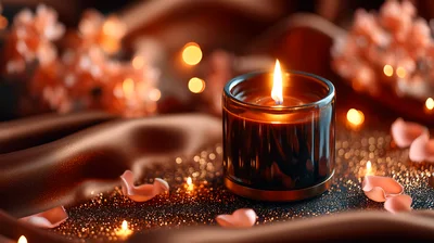 Lit Candle In Glass Jar With Rose Petals