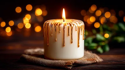 Lit Candle With Gold Drip Wax Decoration