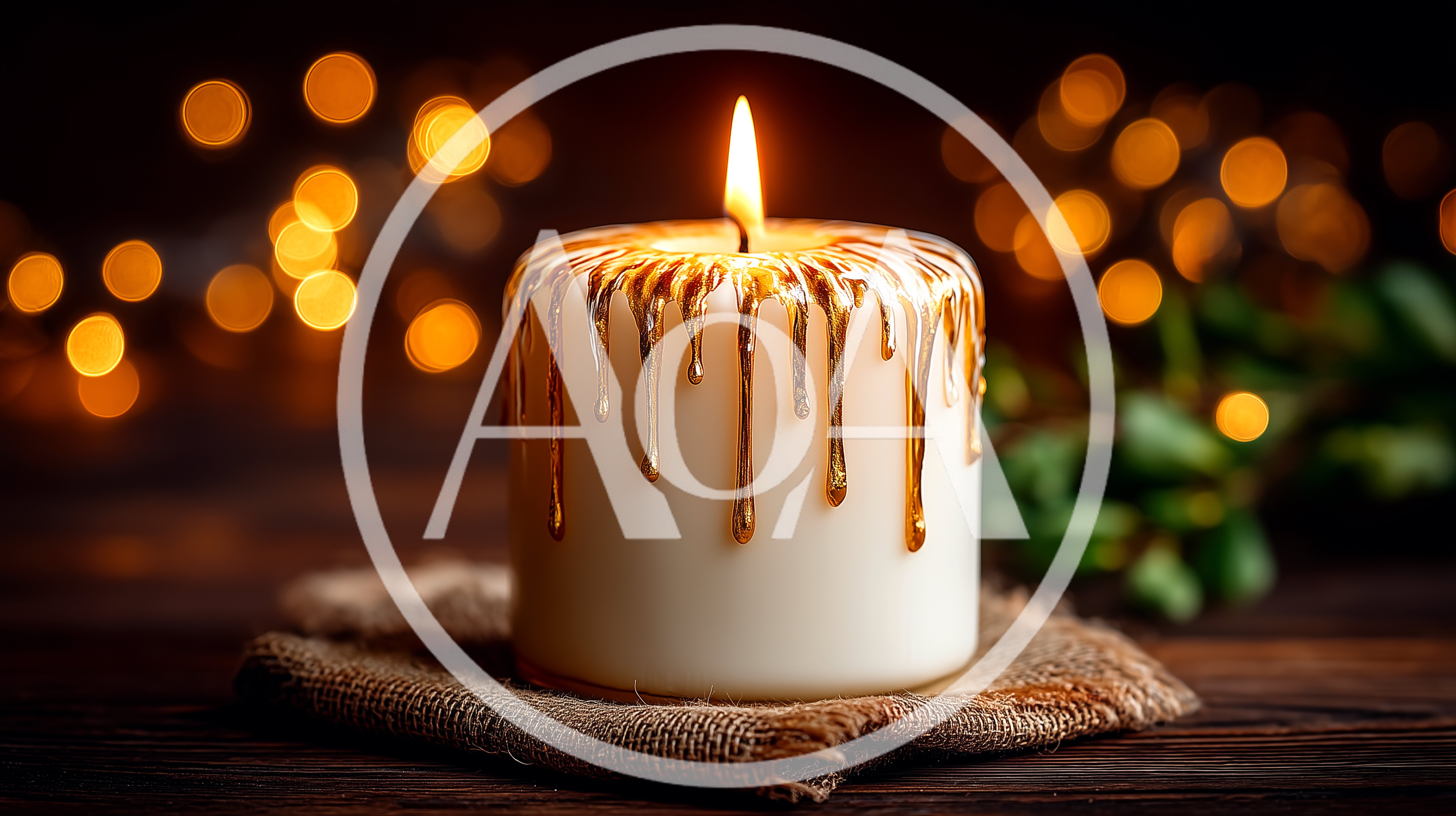 Lit Candle With Gold Drip Wax Decoration