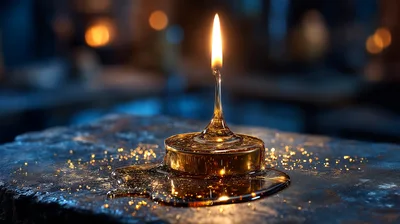 Lit Oil Lamp With Spilled Liquid On Stone Surface