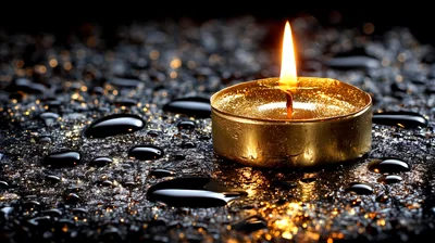 Lit Tea Light Candle On Wet Reflective Surface