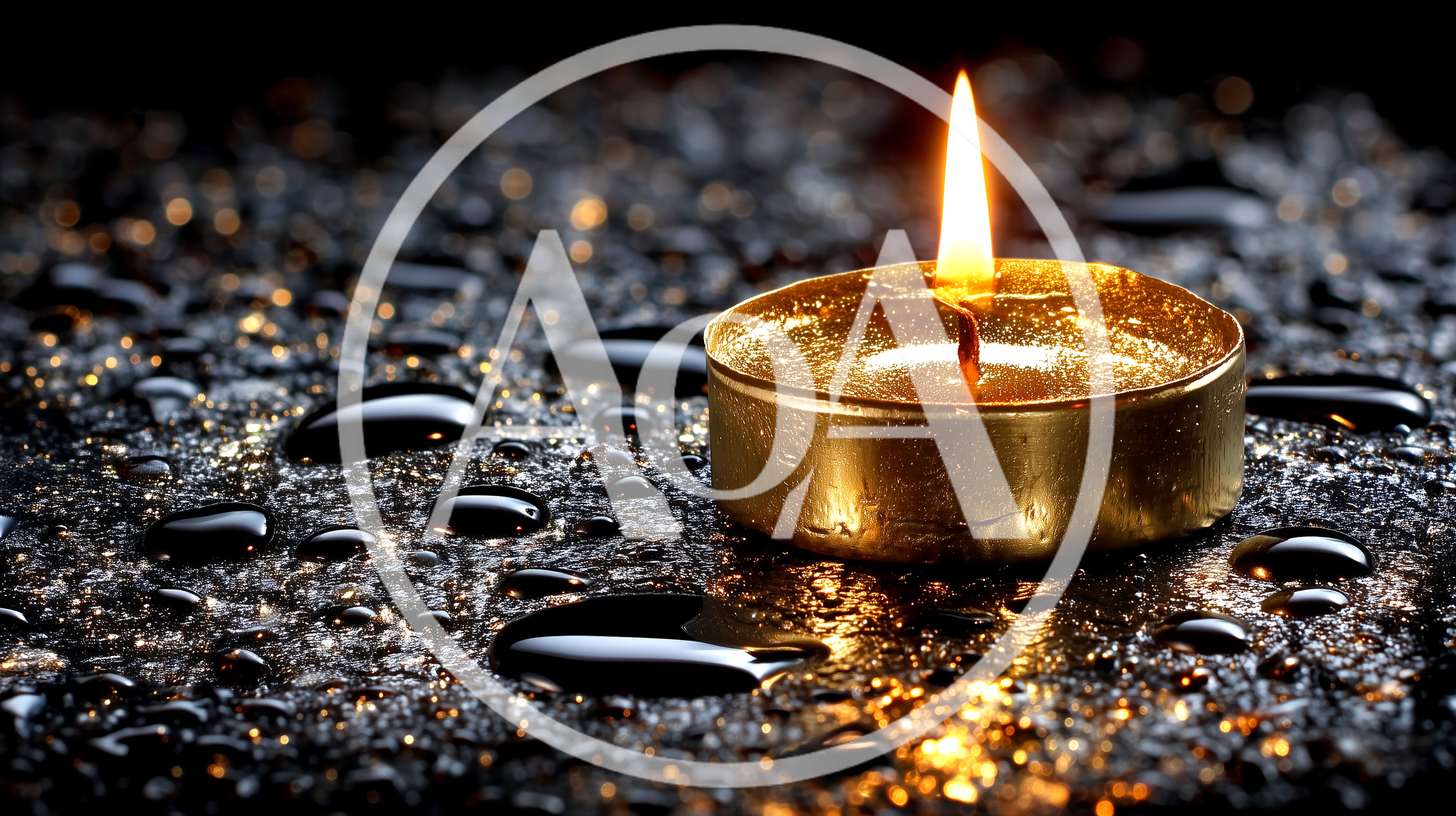 Lit Tea Light Candle On Wet Reflective Surface