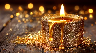 Golden Glitter Candle With Melting Wax