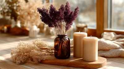 Cozy Still Life With Dried Flowers And Candles