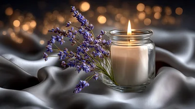Lavender Sprigs Beside A Lit Glass Candle