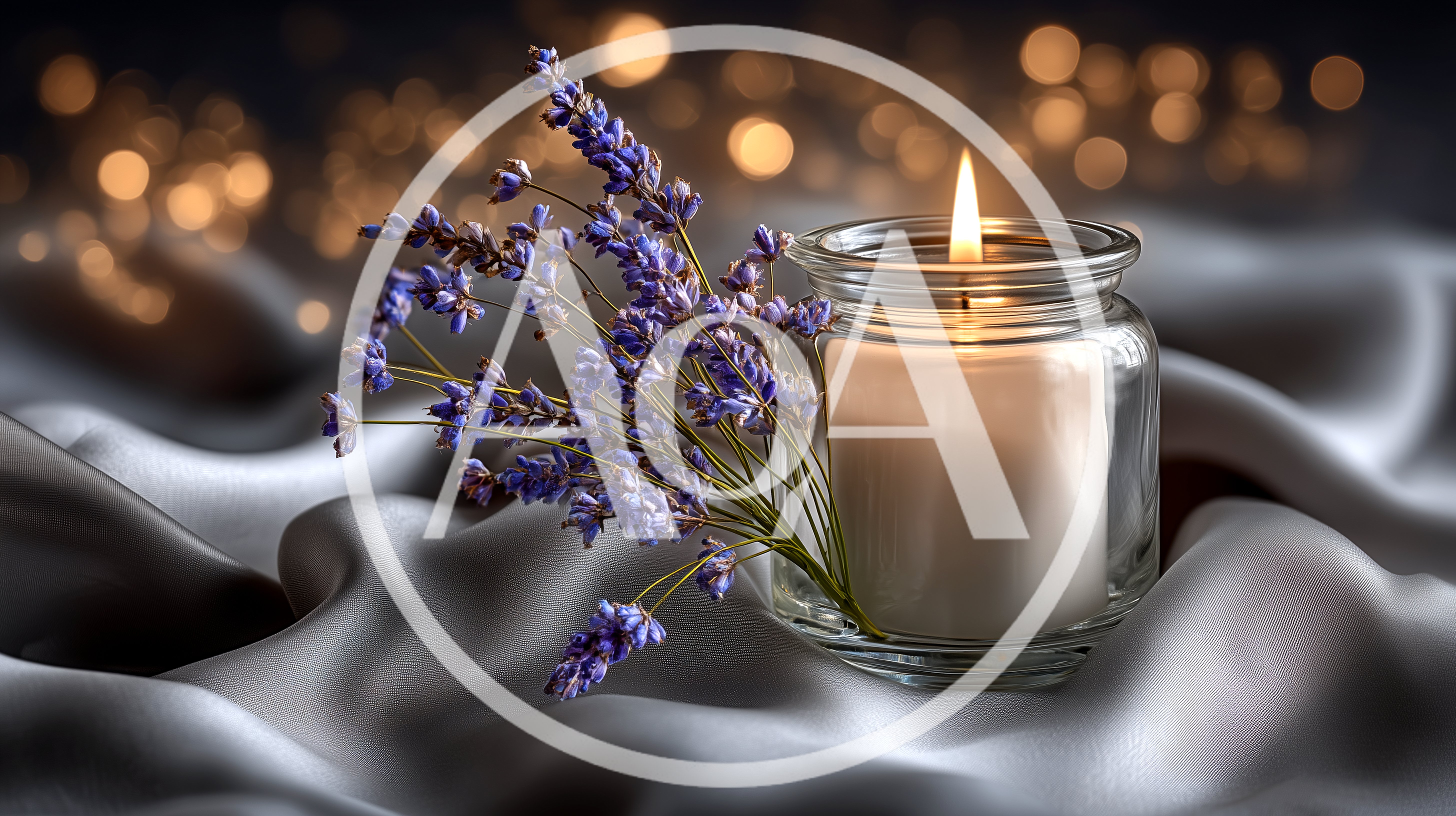 Lavender Sprigs Beside A Lit Glass Candle