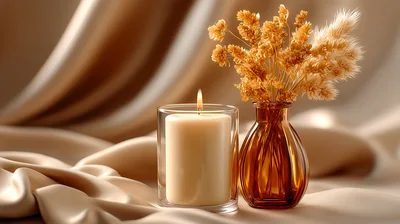 Lit Candle And Dried Flowers In Glass Vase