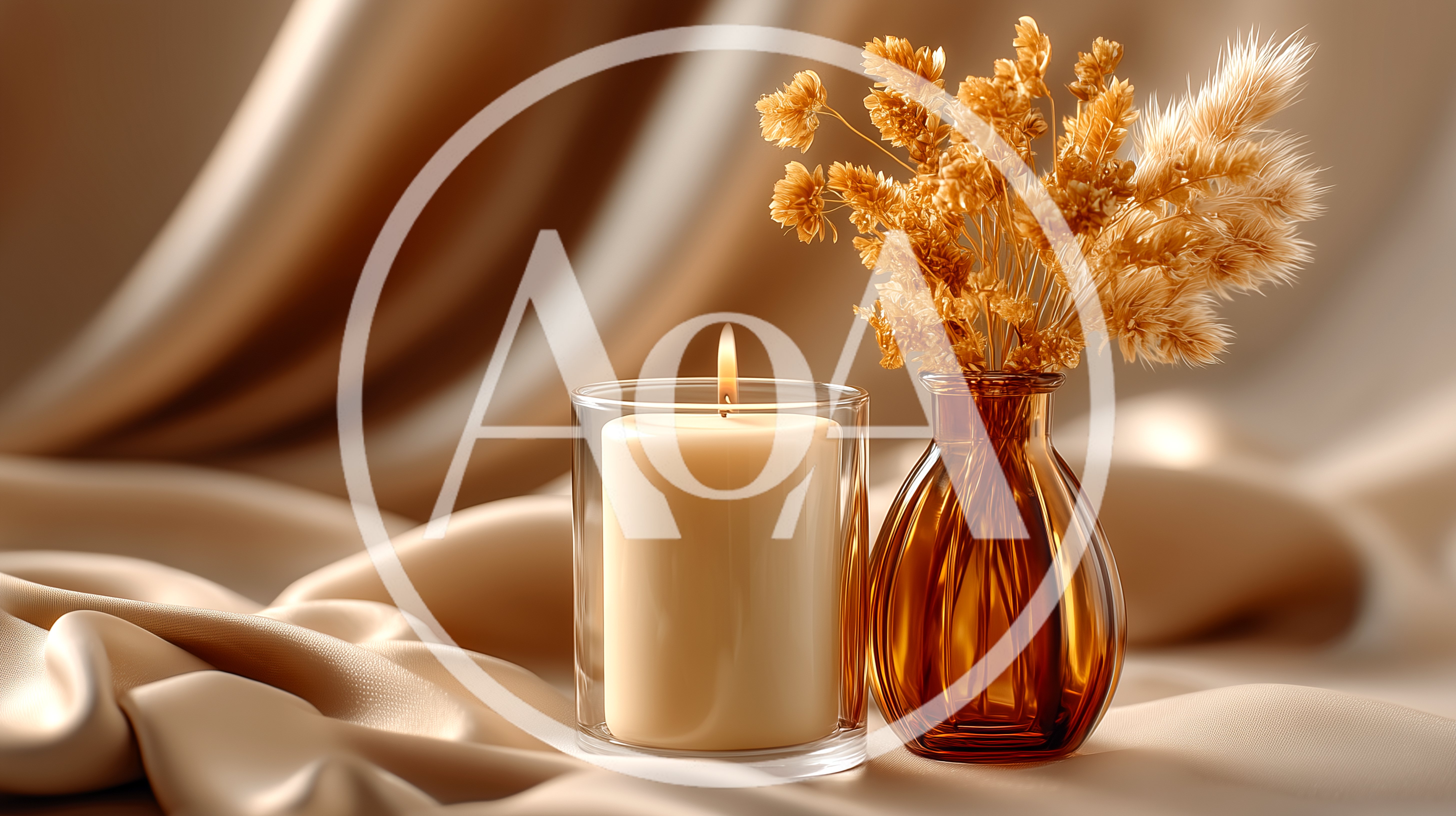 Lit Candle And Dried Flowers In Glass Vase