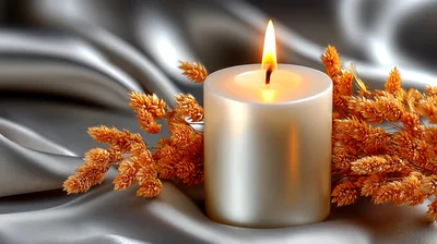 Lit Pillar Candle With Dried Wheat Stalks
