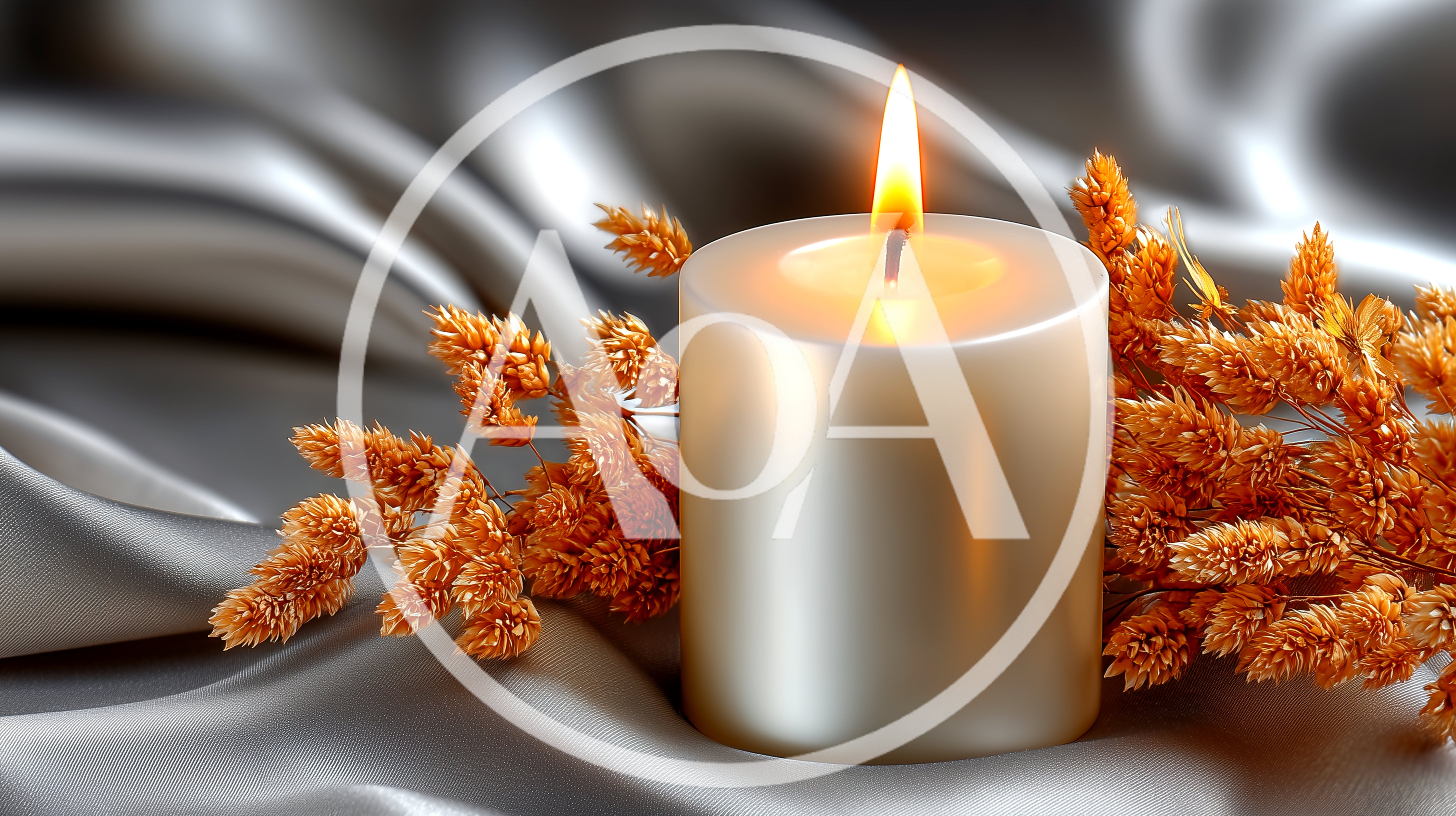 Lit Pillar Candle With Dried Wheat Stalks