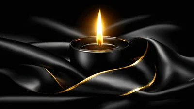 Black Candle With Gold Ribbon On Silk Fabric