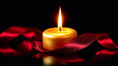 Golden Candle With Red Ribbon On Reflective Surface
