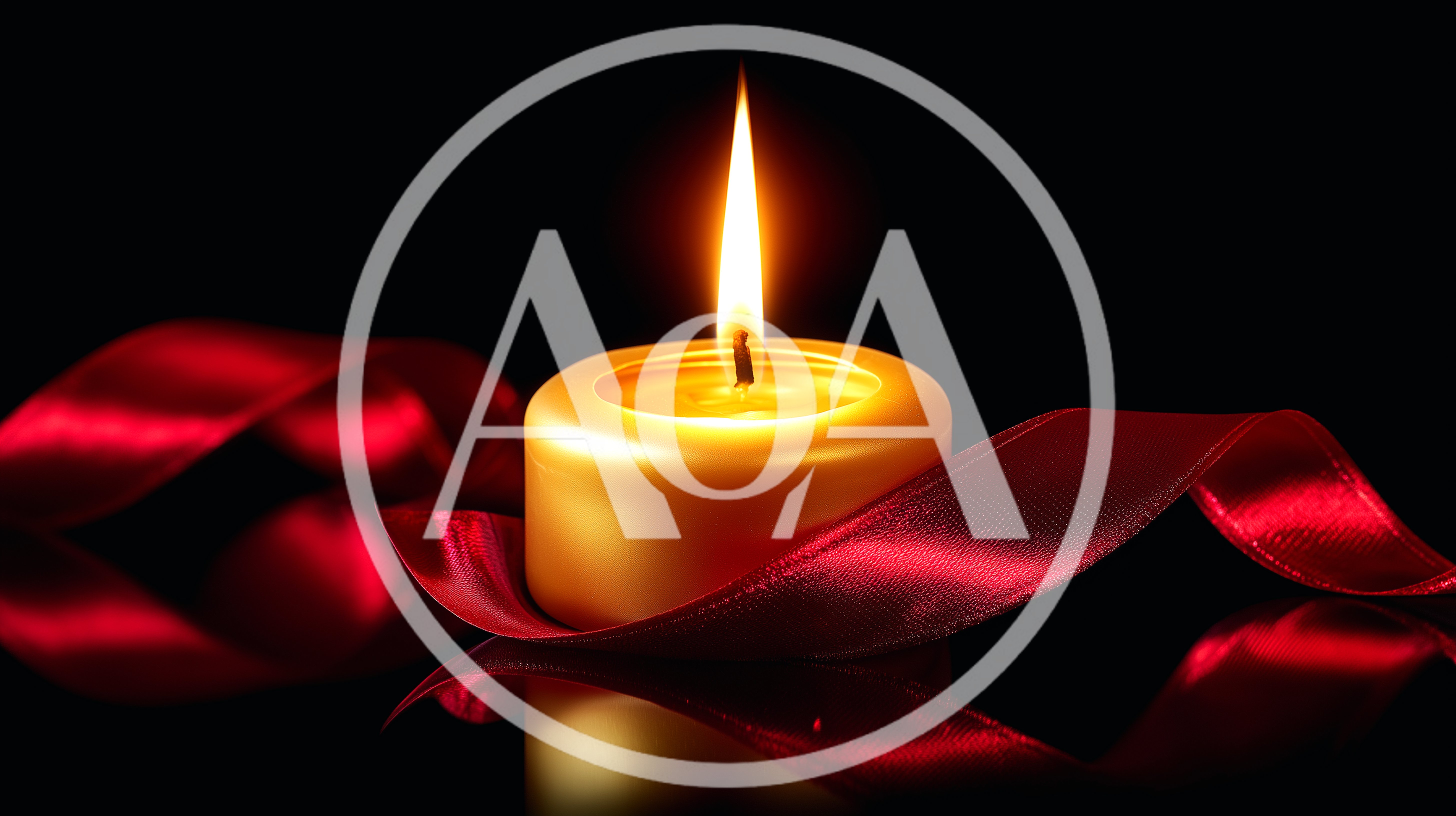 Golden Candle With Red Ribbon On Reflective Surface