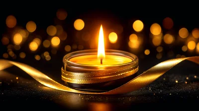 Lit Candle In Glass With Gold Ribbon