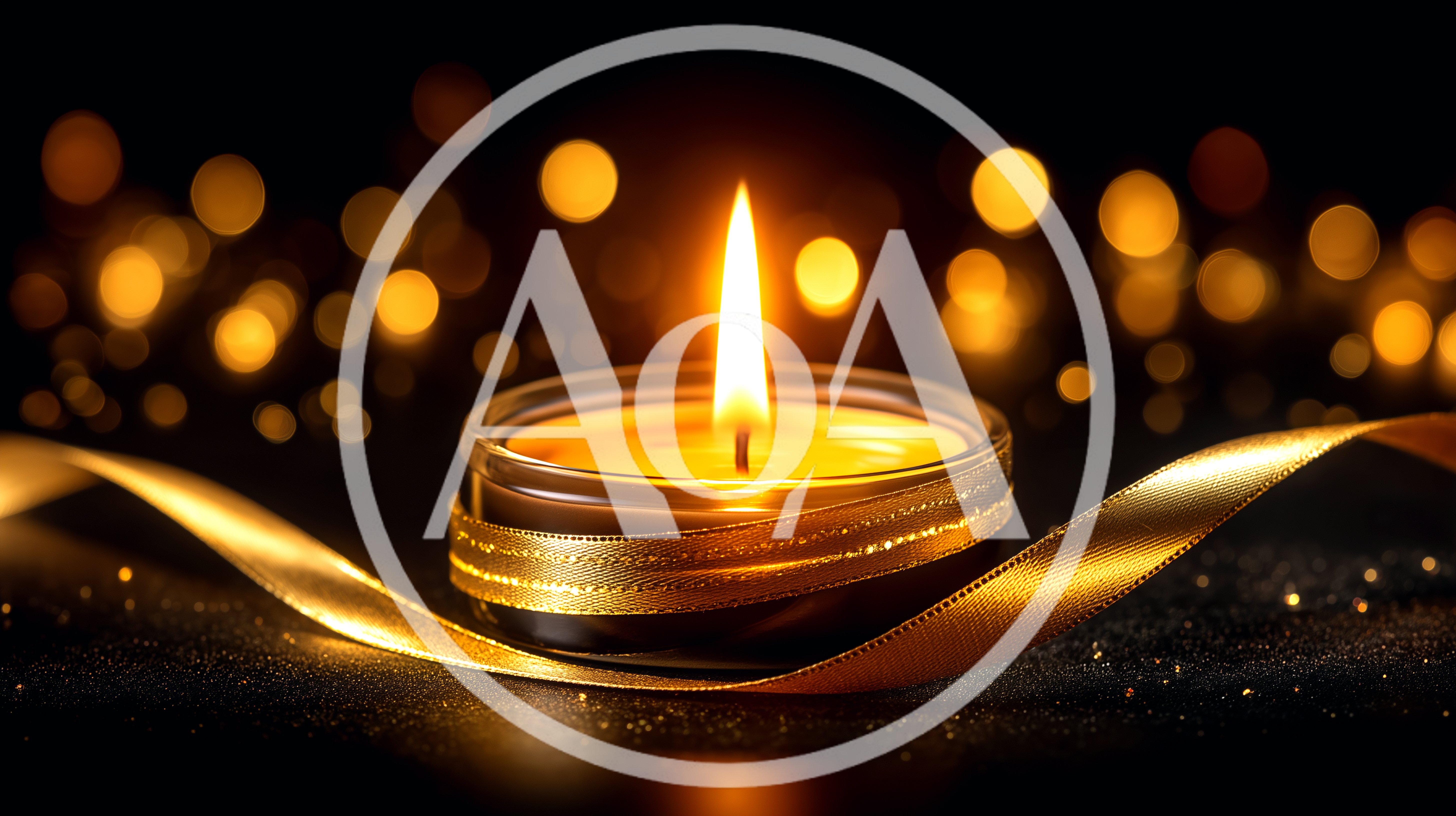 Lit Candle In Glass With Gold Ribbon