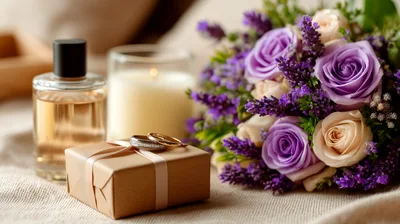 Wedding Rings On A Gift Box With Flowers