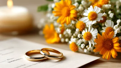 Wedding Rings On A Marriage Certificate With Flowers