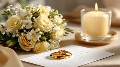 Wedding Rings And Floral Bouquet On Invitation Card