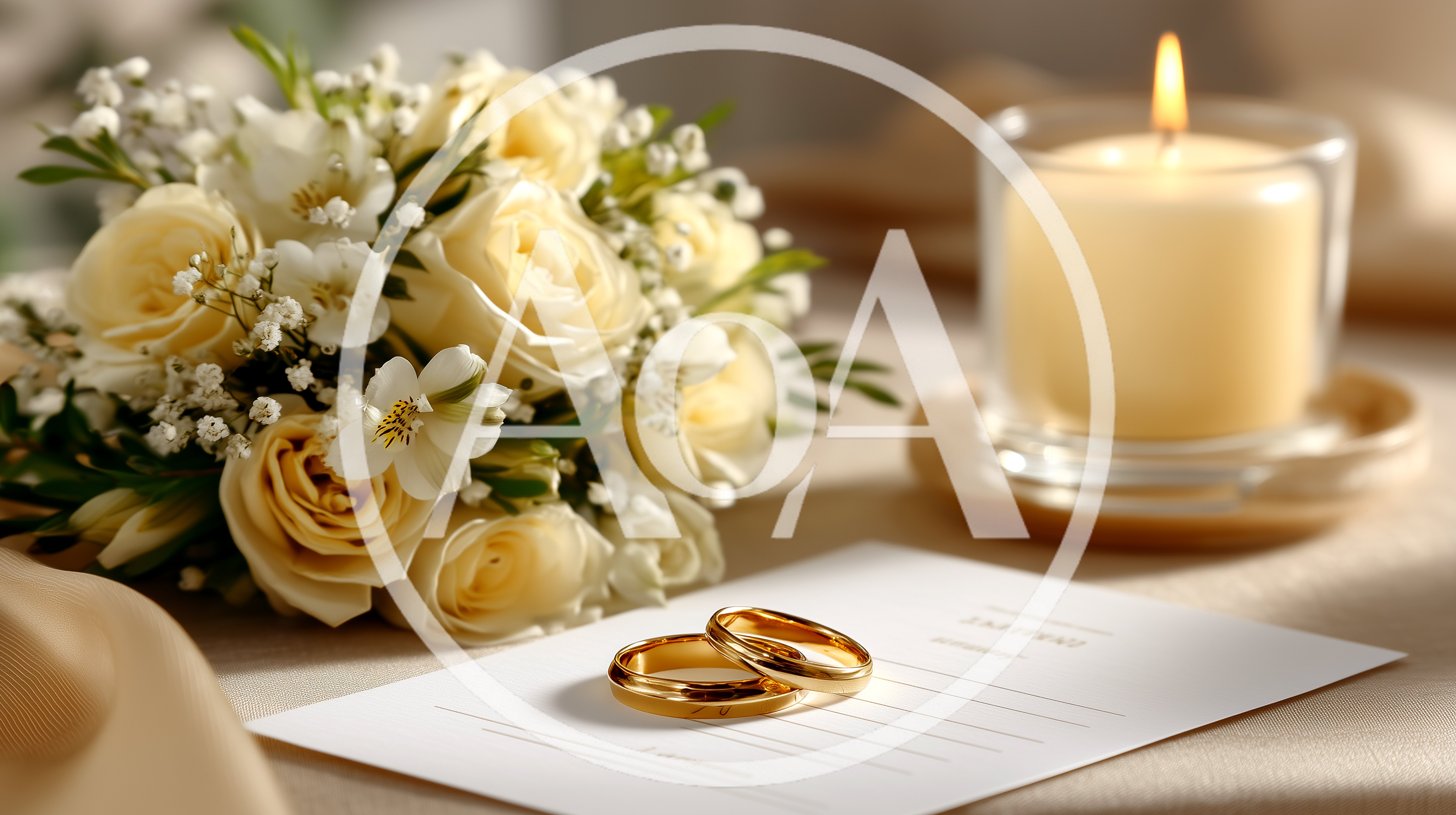 Wedding Rings And Floral Bouquet On Invitation Card