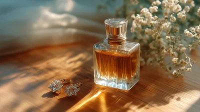 Perfume Bottle And Floral Earrings On Wooden Surface