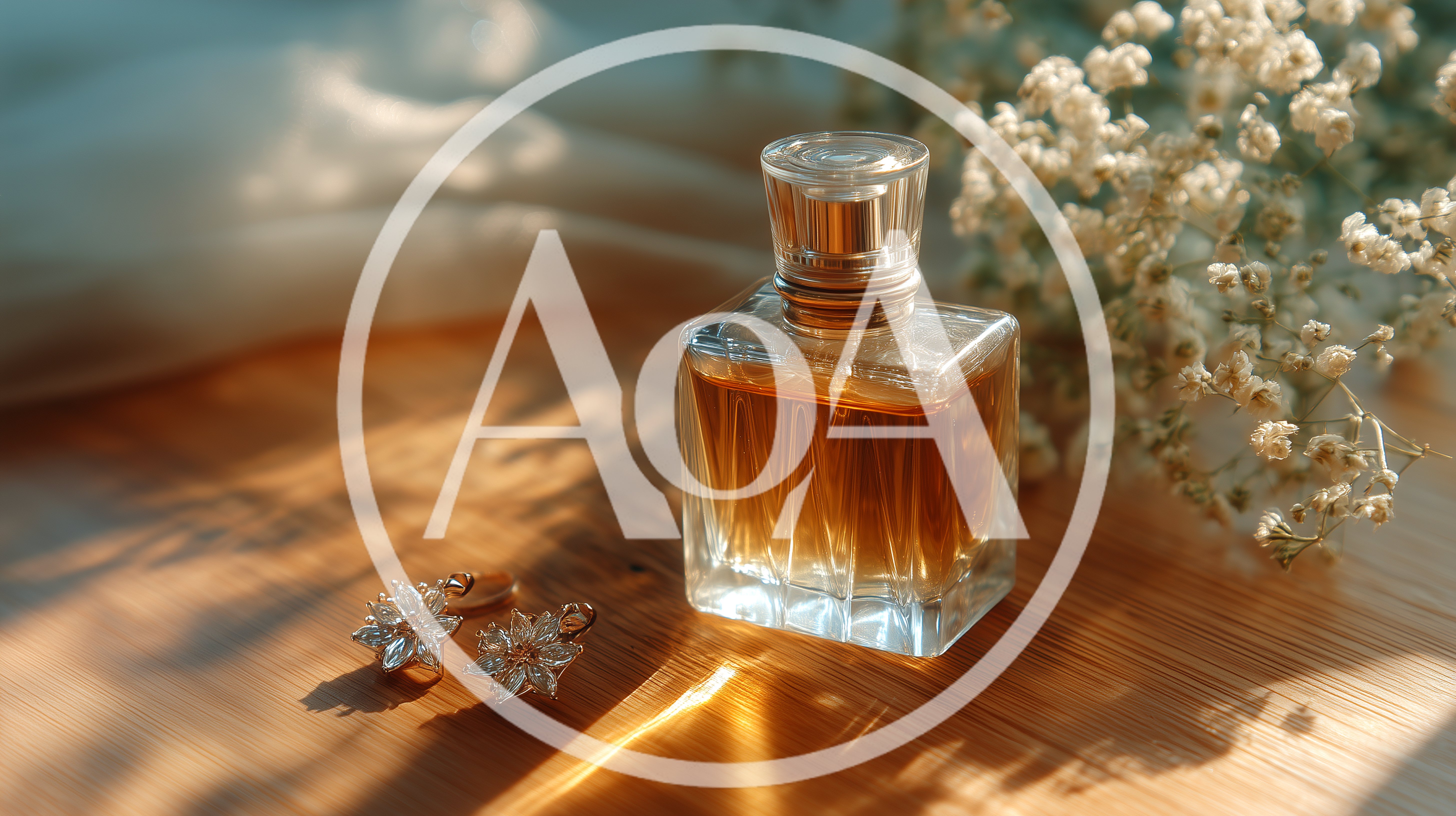 Perfume Bottle And Floral Earrings On Wooden Surface