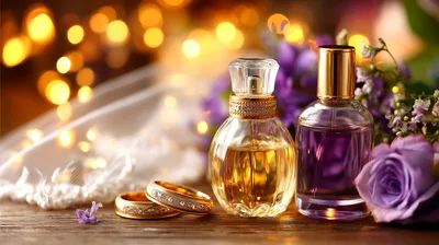 Wedding Rings And Perfume Bottles With Purple Flowers