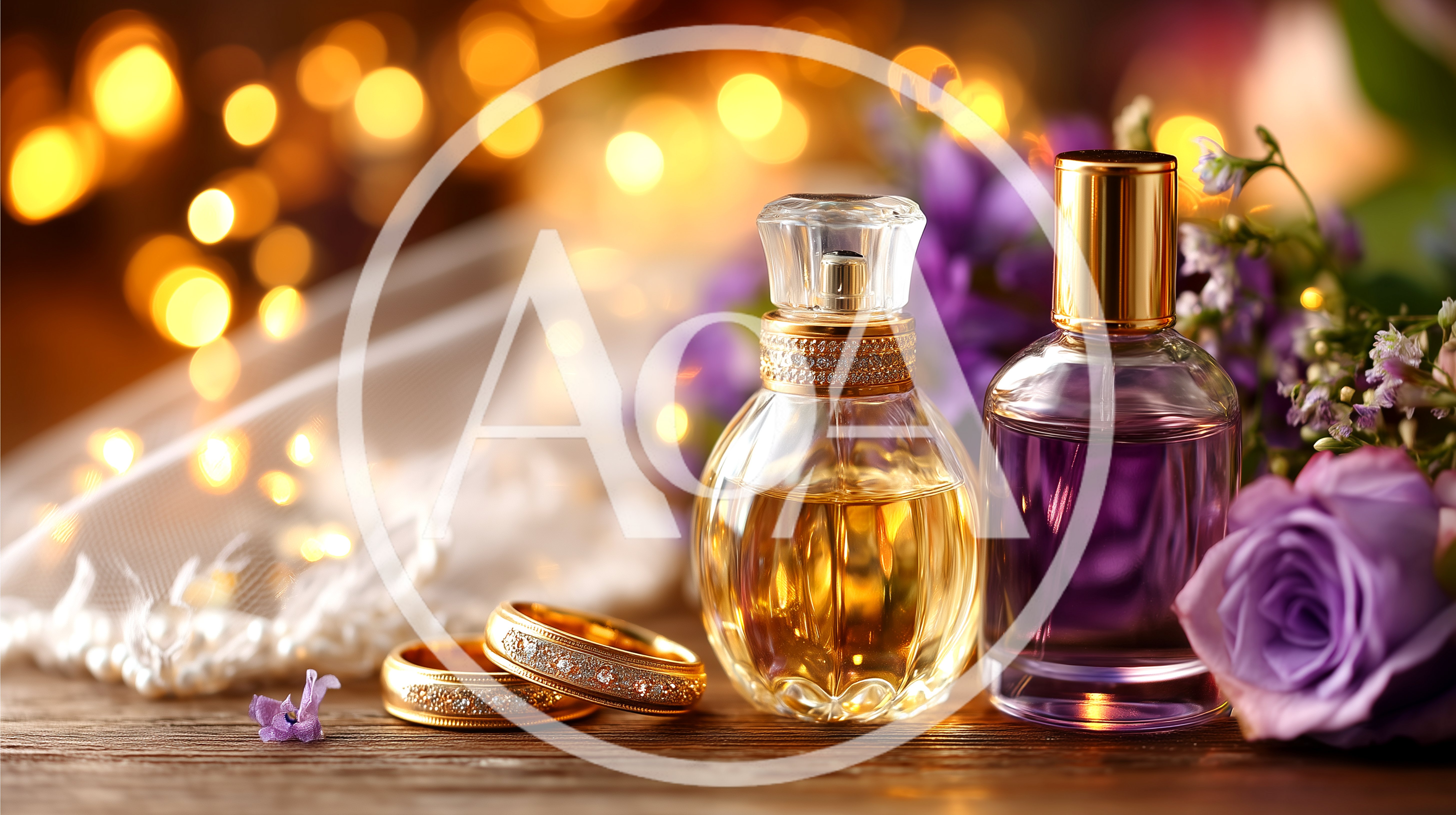Wedding Rings And Perfume Bottles With Purple Flowers