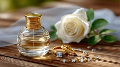 Perfume Bottle With White Rose And Wedding Rings