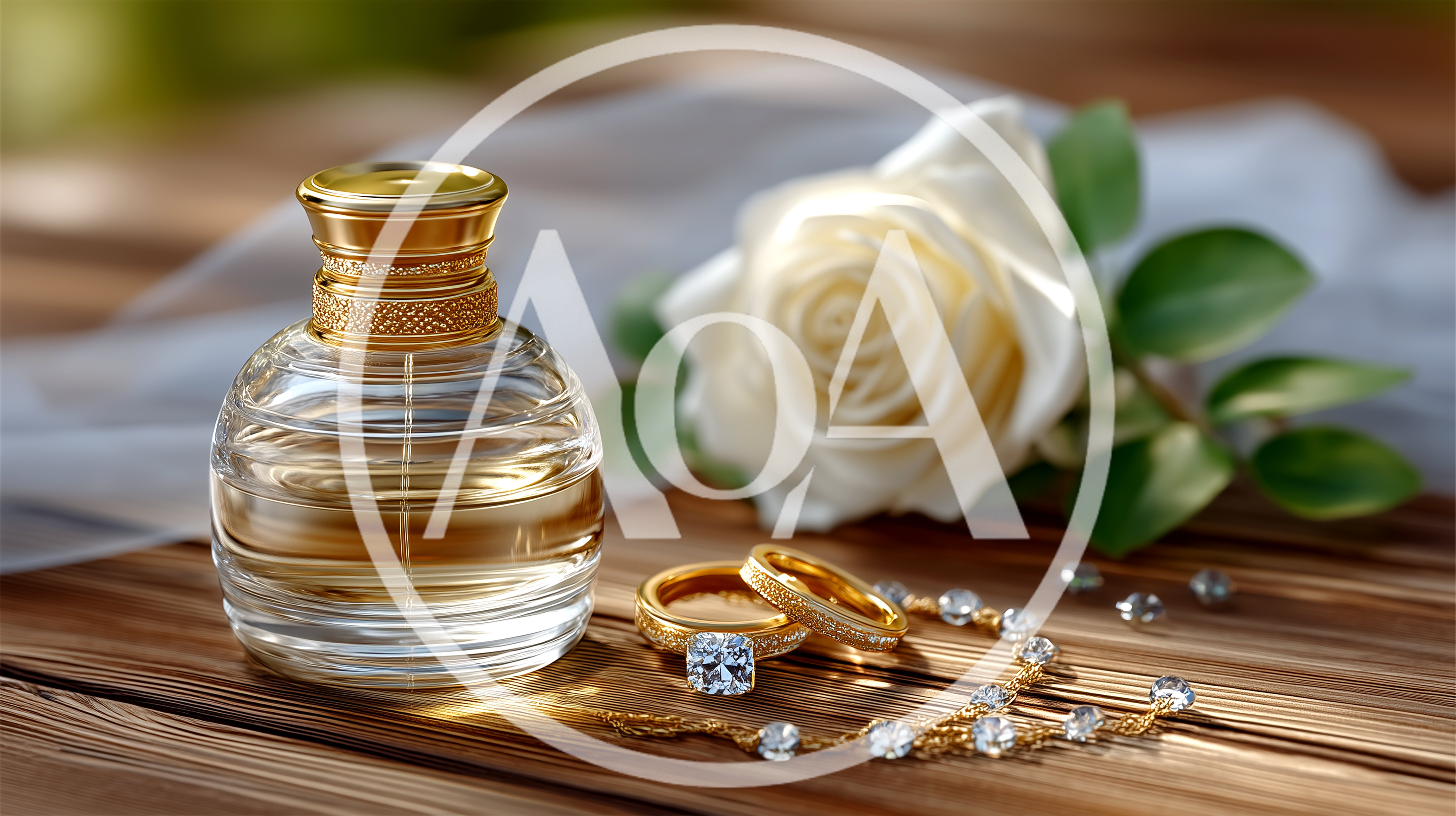 Perfume Bottle With White Rose And Wedding Rings