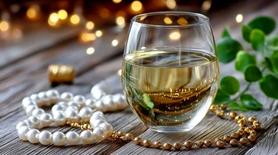 Glass Of White Wine With Pearls On Wooden Table