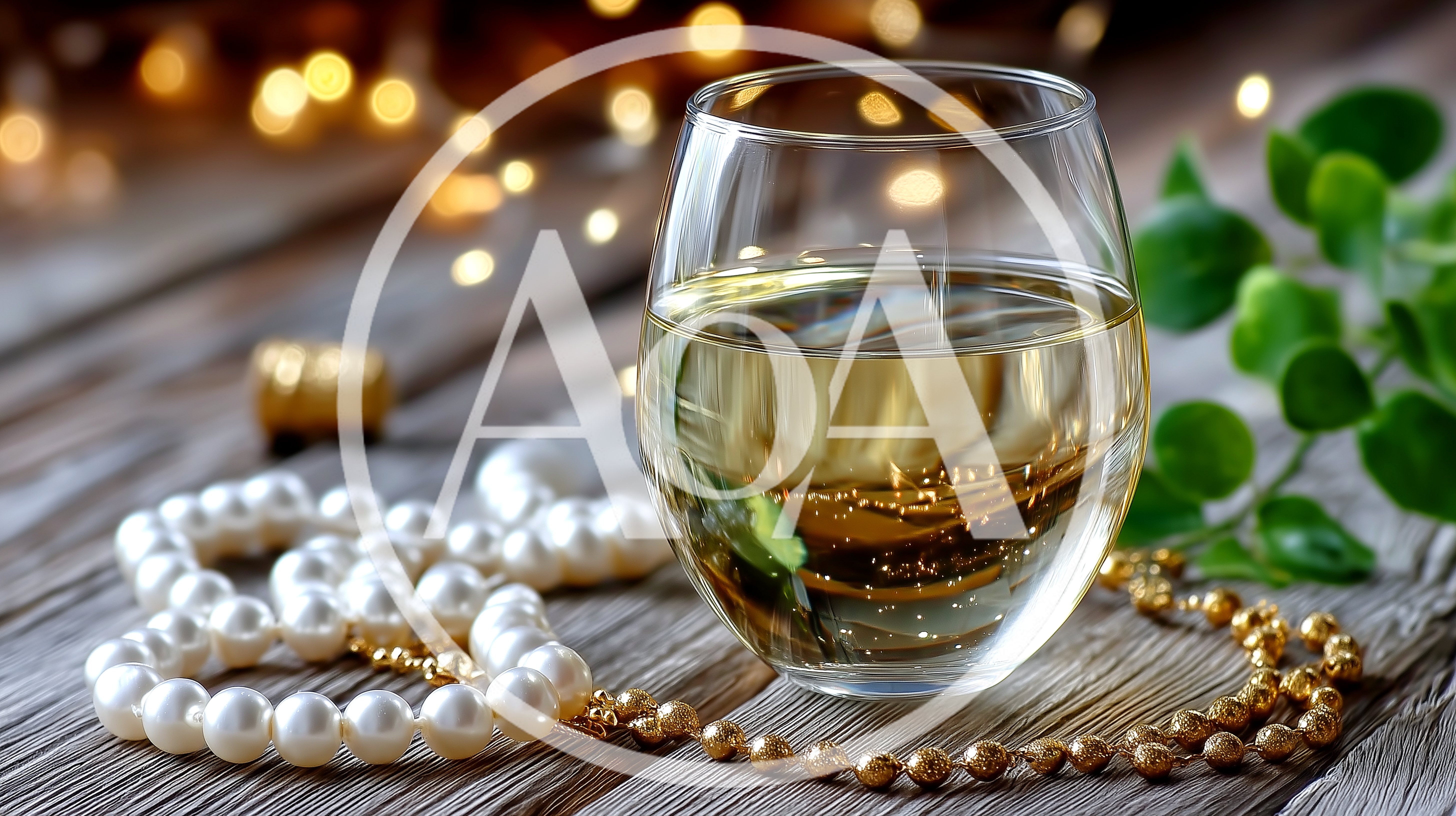 Glass Of White Wine With Pearls On Wooden Table