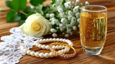 Wedding Accessories With Champagne Glass And White Rose
