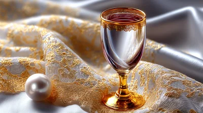 Elegant Gold Rimmed Goblet With Pearl On Lace Fabric