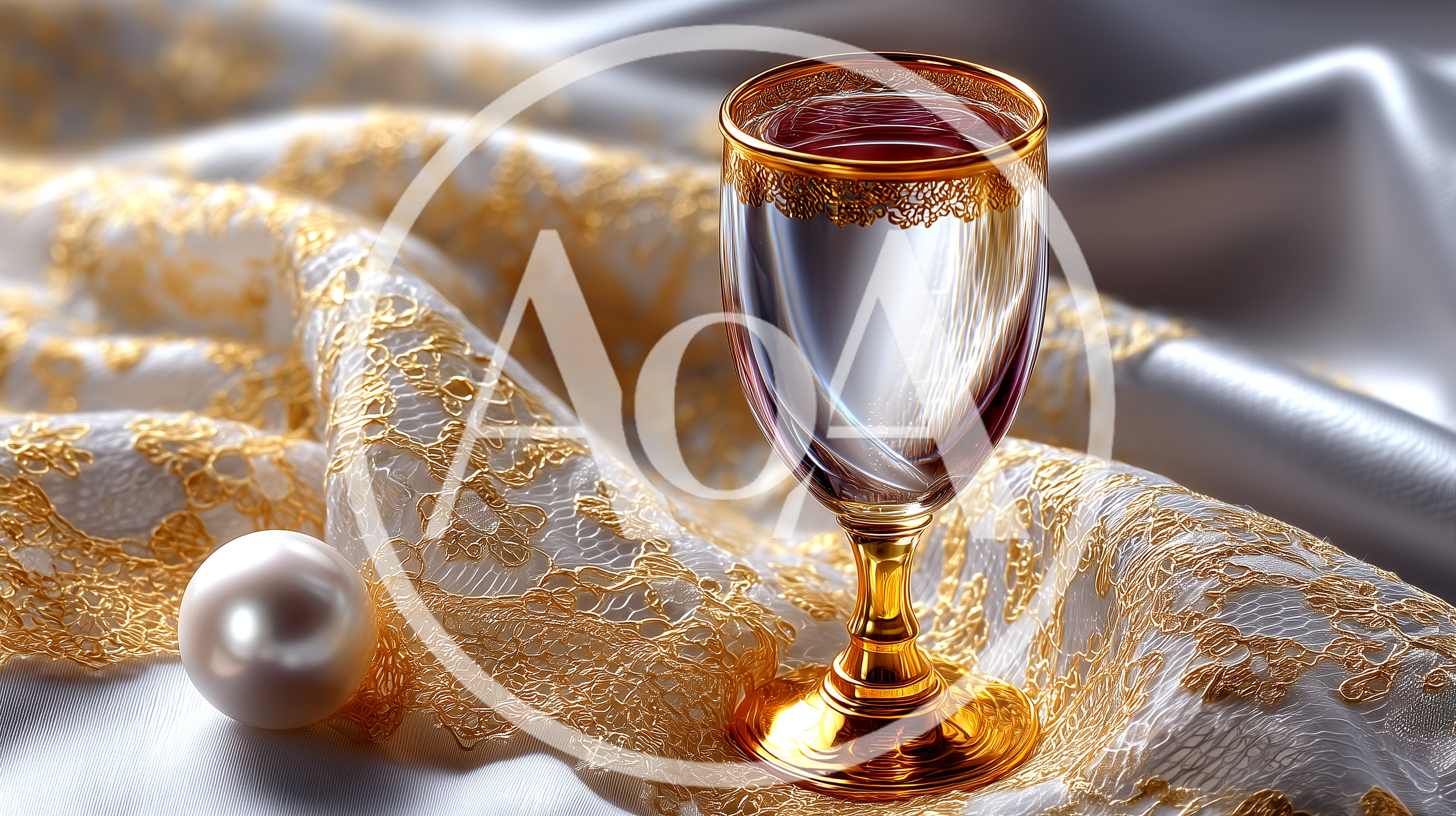Elegant Gold Rimmed Goblet With Pearl On Lace Fabric
