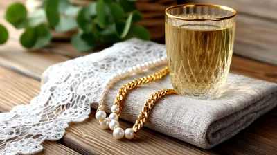 Glass Of White Wine With Pearl And Gold Necklace