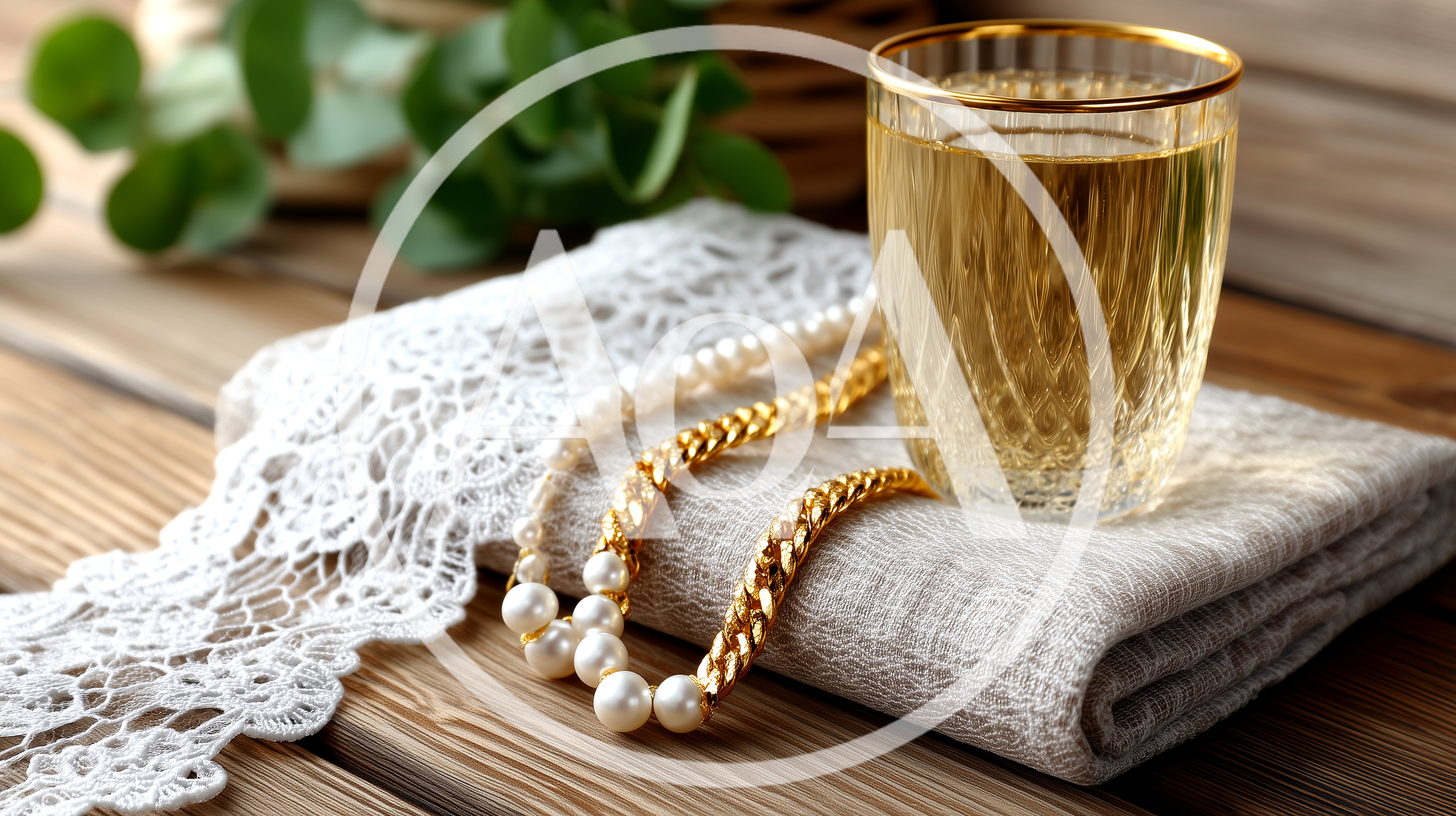 Glass Of White Wine With Pearl And Gold Necklace
