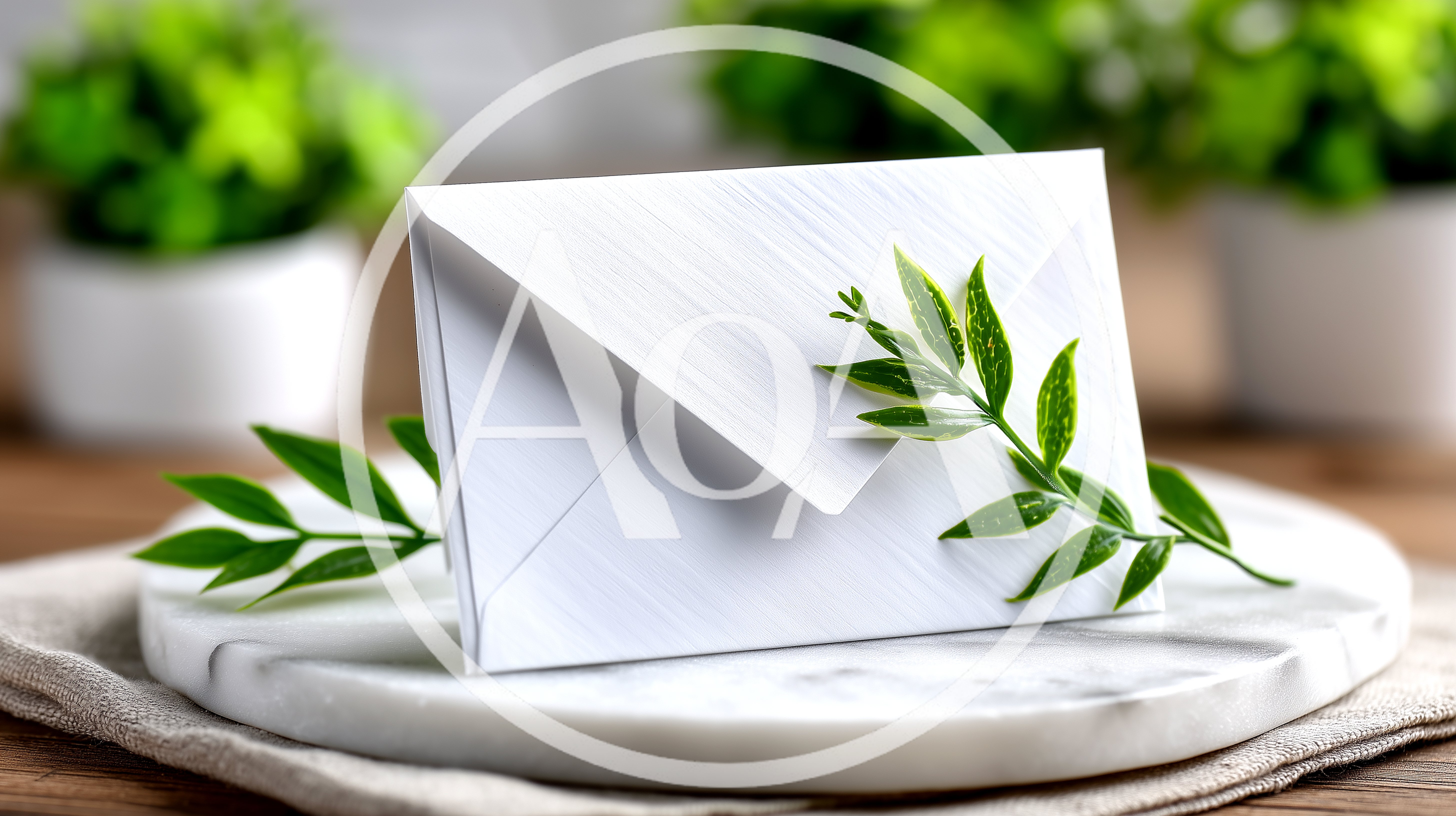 White Envelope With Green Leaves On Marble Tray