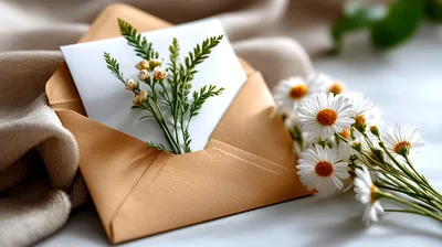 Envelope With Dried Flowers And Daisy Bouquet
