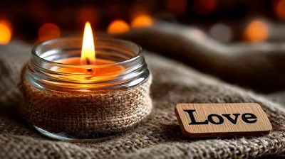 Lit Candle In Glass Jar With Love Sign
