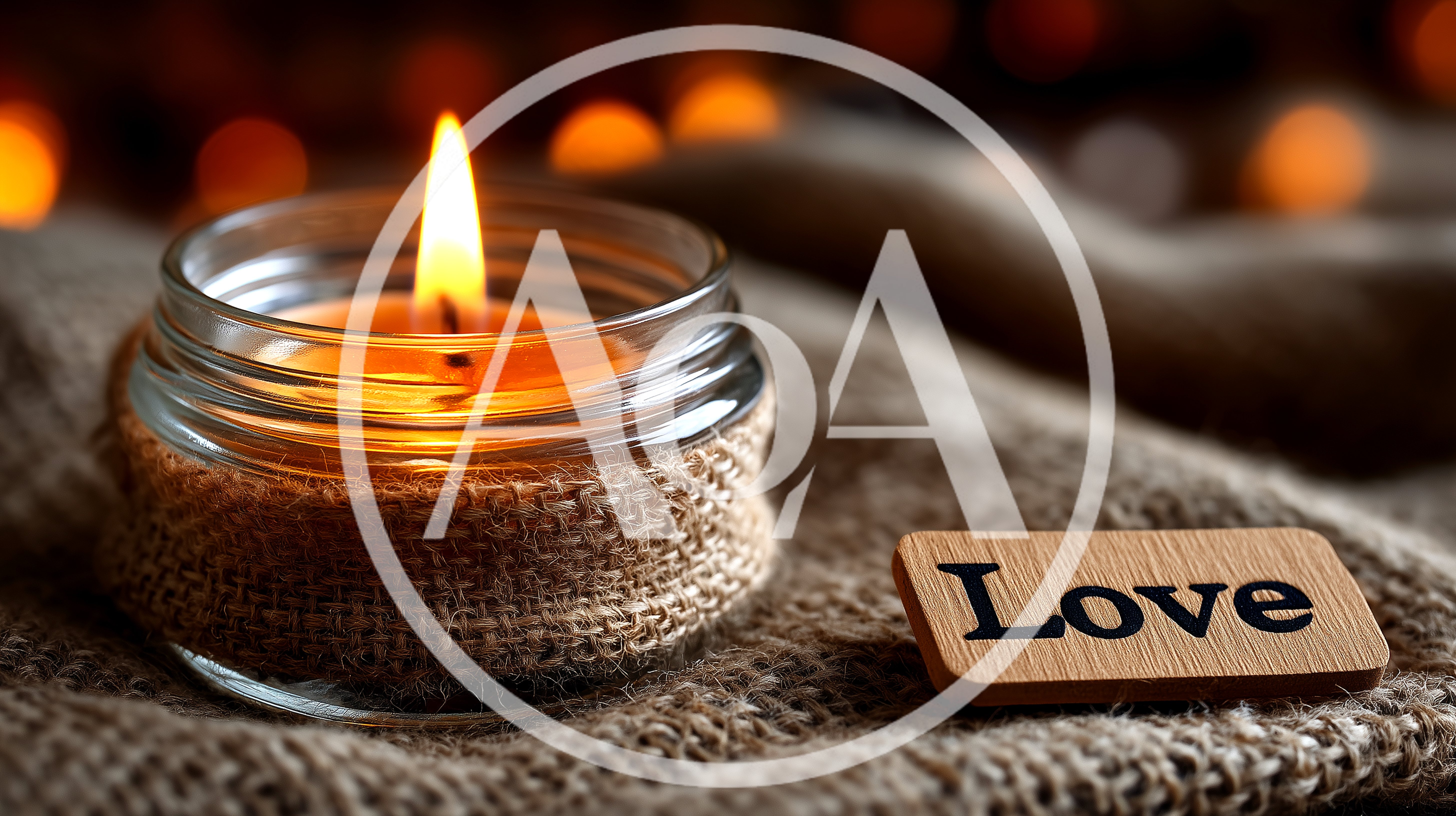 Lit Candle In Glass Jar With Love Sign