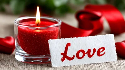 Red Candle With Love Note And Hearts
