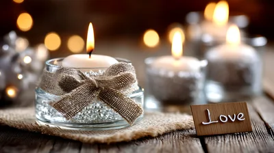 Romantic Candles With Burlap Bows And Love Sign